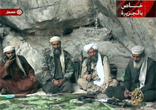 An Al Jazeera image broadcast in 2001 that includes Osama bin Laden and Ayman al Zawahari (second from left and second from right respectively)